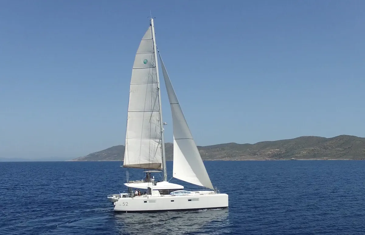 Exterior view of Kepi, a Lagoon 52 catamaran at Lavrion, Greece