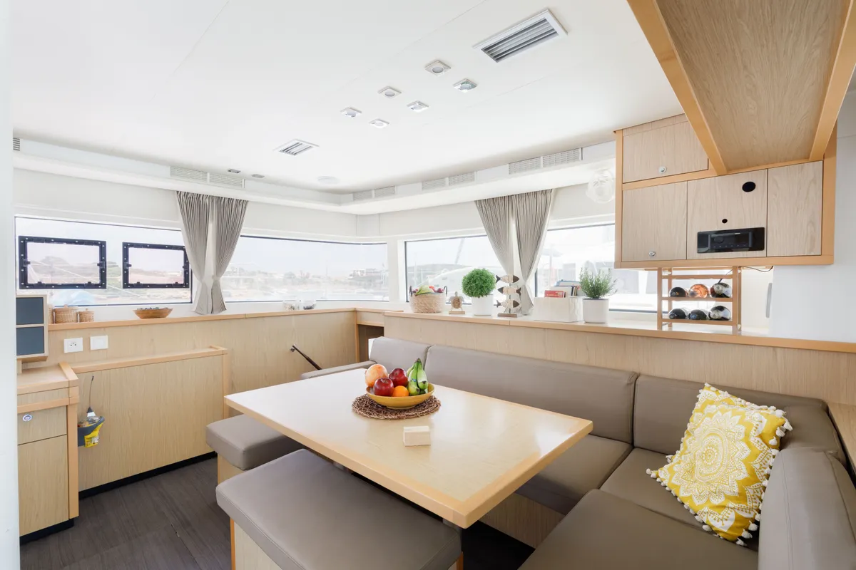 Salon of Kepi, a Lagoon 52 catamaran at Lavrion, Greece