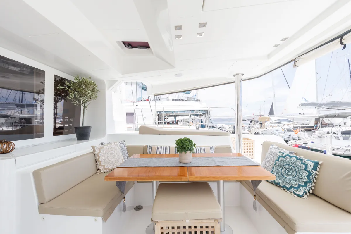 Deck of Kepi, a Lagoon 52 catamaran at Lavrion, Greece