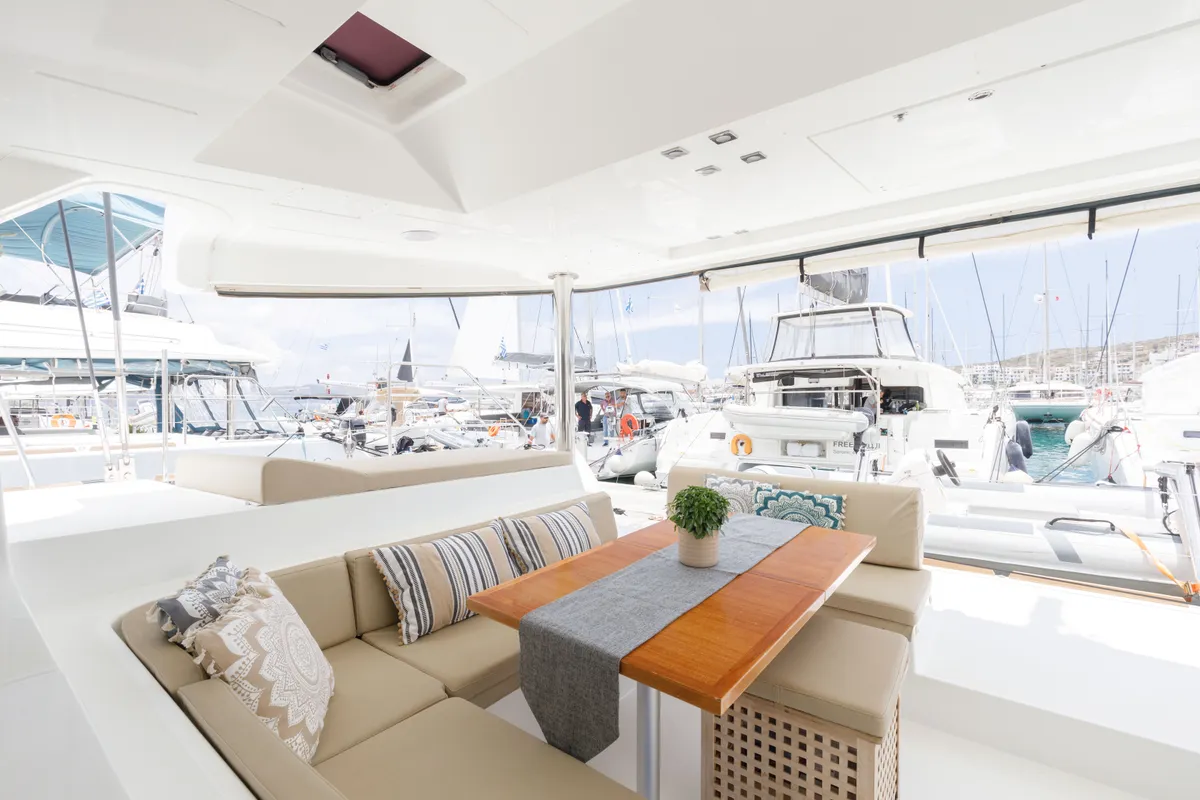 Deck of Kepi, a Lagoon 52 catamaran at Lavrion, Greece