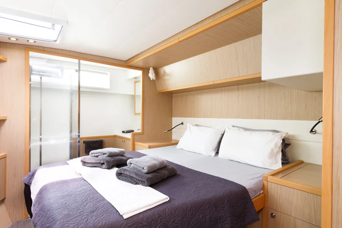 Cabin on Kepi, a Lagoon 52 catamaran at Lavrion, Greece