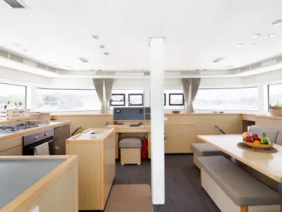 Salon of Kepi, a Lagoon 52 catamaran at Lavrion, Greece