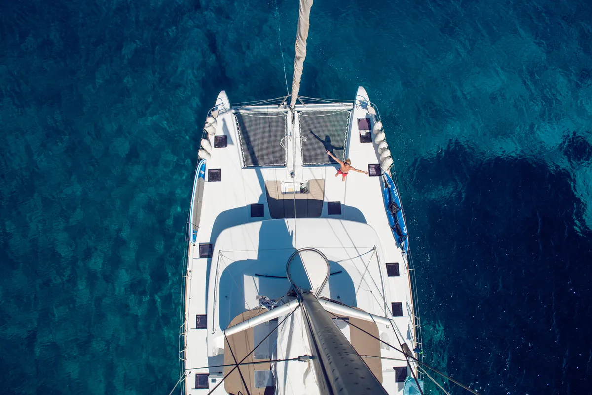 Exterior view of Kepi, a Lagoon 52 catamaran at Lavrion, Greece