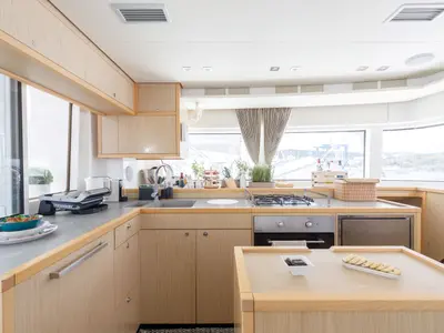 Galley of Kepi, a Lagoon 52 catamaran at Lavrion, Greece
