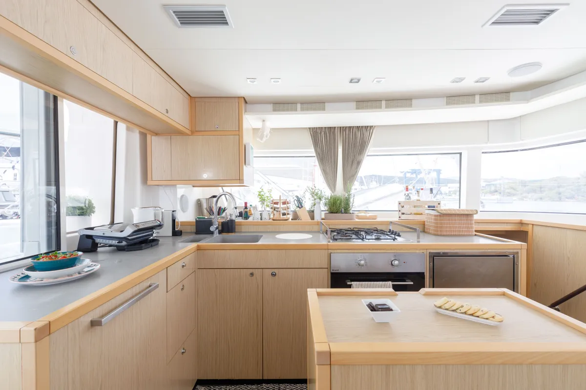 Galley of Kepi, a Lagoon 52 catamaran at Lavrion, Greece
