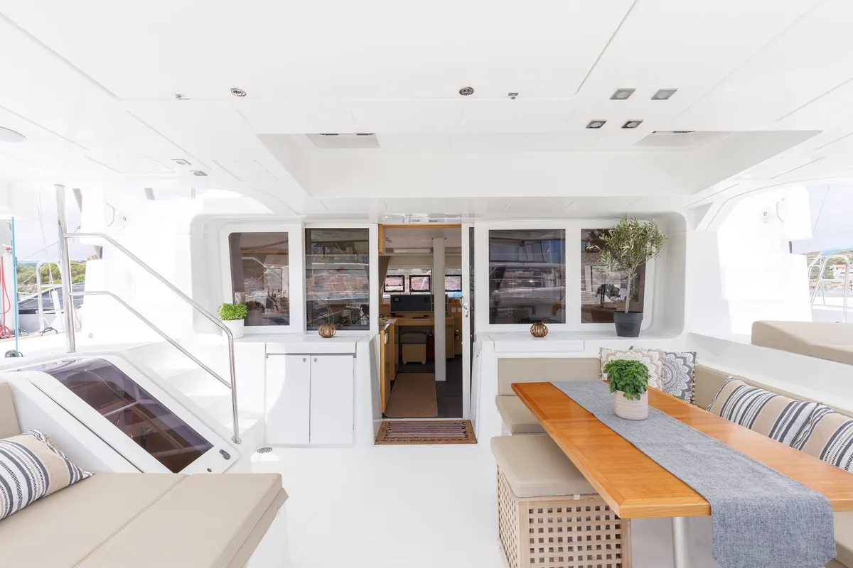 Deck of Kepi, a Lagoon 52 catamaran at Lavrion, Greece