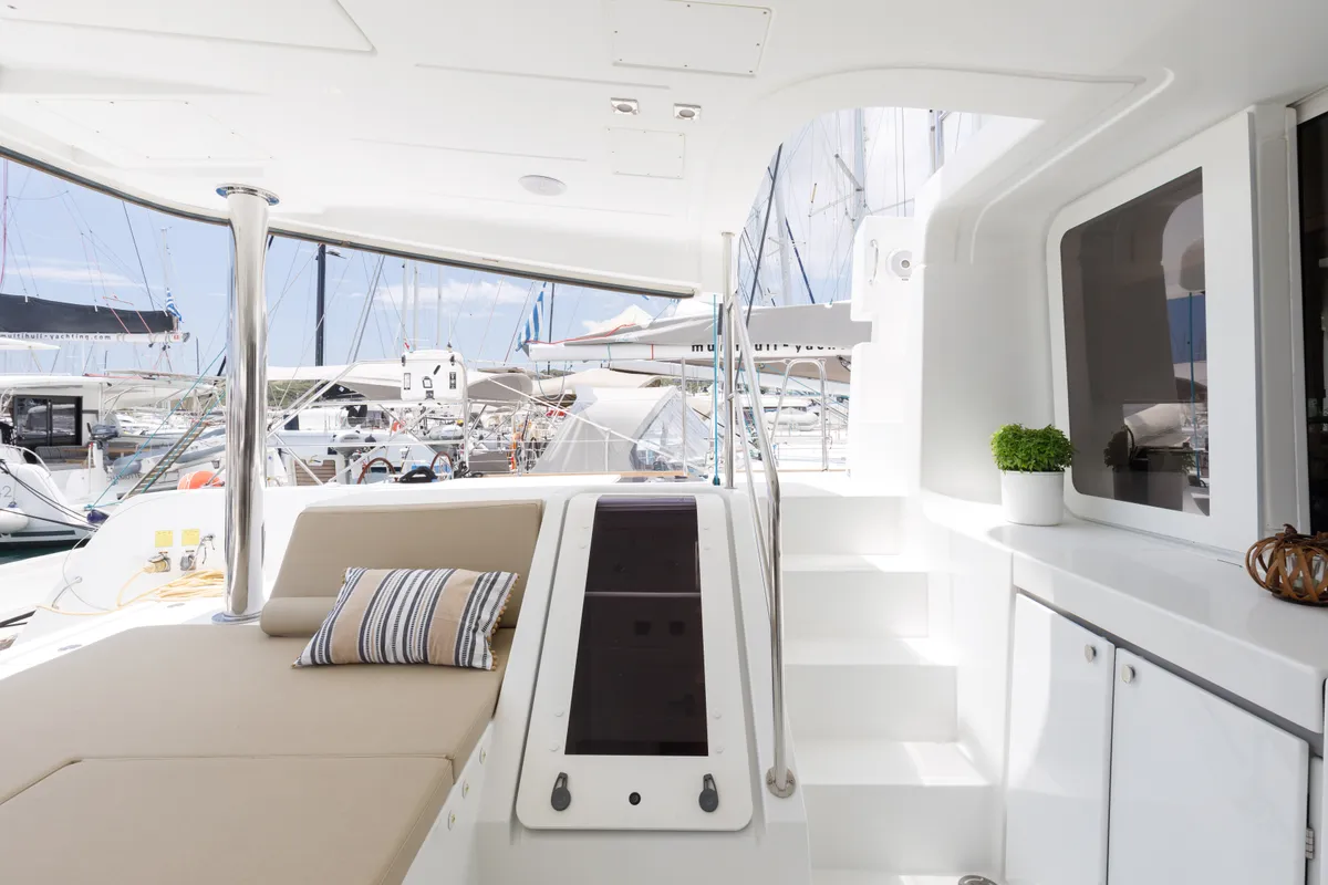 Deck of Kepi, a Lagoon 52 catamaran at Lavrion, Greece