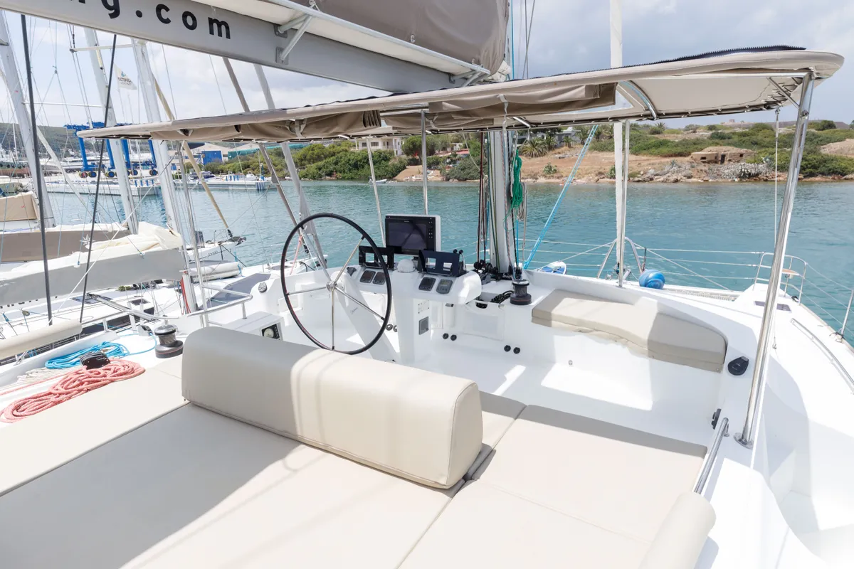Cockpit of Kepi, a Lagoon 52 catamaran at Lavrion, Greece