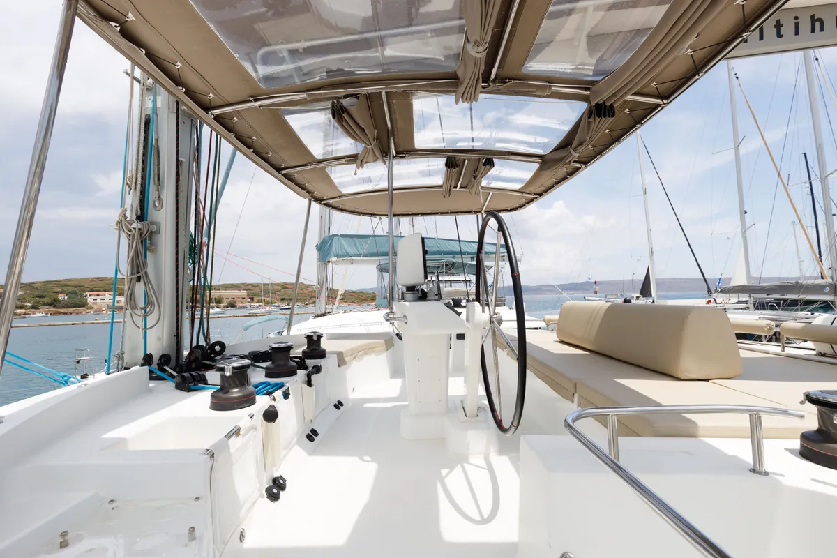 Cockpit of Kepi, a Lagoon 52 catamaran at Lavrion, Greece