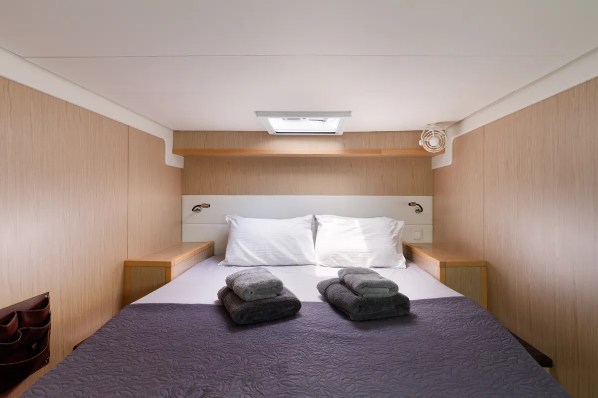 Cabin on Kepi, a Lagoon 52 catamaran at Lavrion, Greece