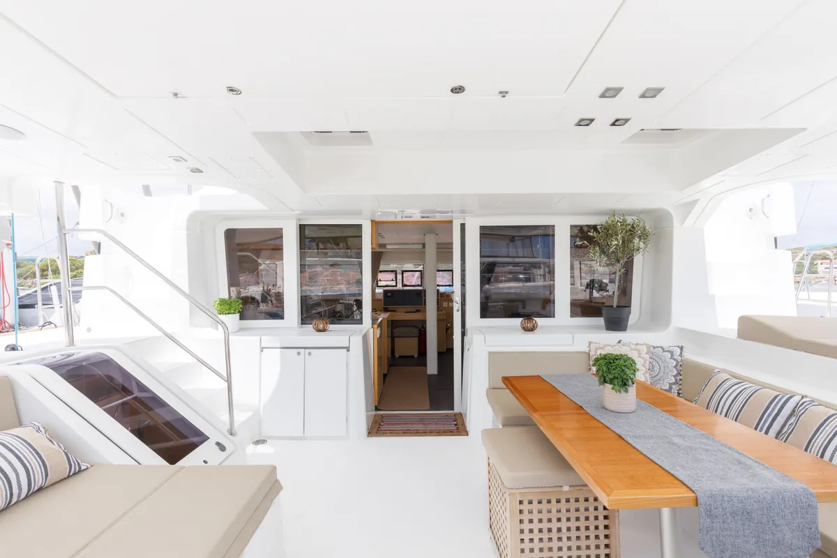 Deck of Kepi, a Lagoon 52 catamaran at Lavrion, Greece