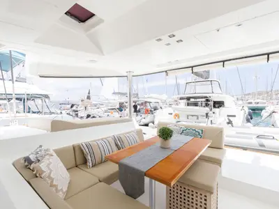 Deck of Kepi, a Lagoon 52 catamaran at Lavrion, Greece