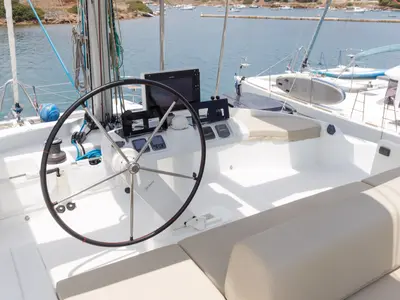 Cockpit of Kepi, a Lagoon 52 catamaran at Lavrion, Greece