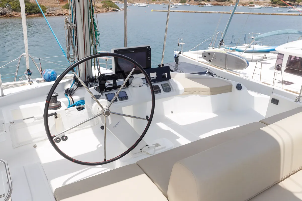 Cockpit of Kepi, a Lagoon 52 catamaran at Lavrion, Greece
