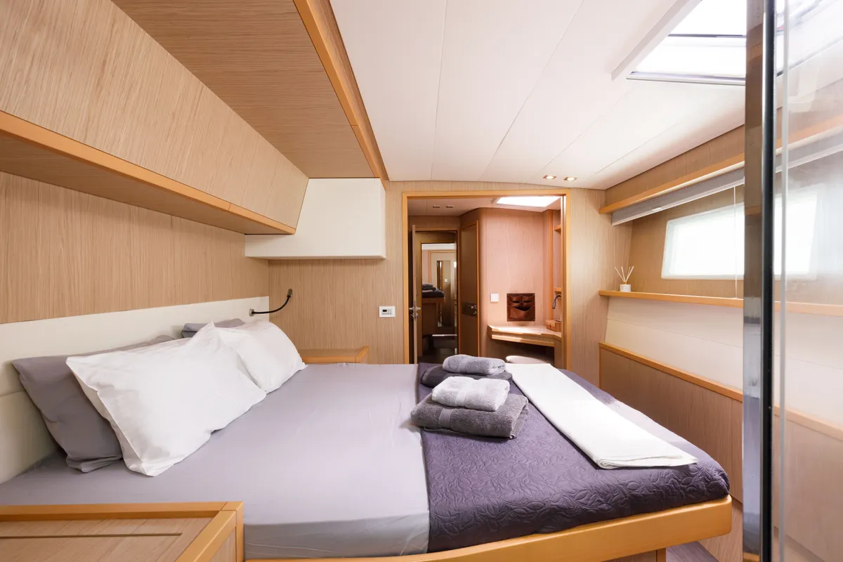 Cabin on Kepi, a Lagoon 52 catamaran at Lavrion, Greece