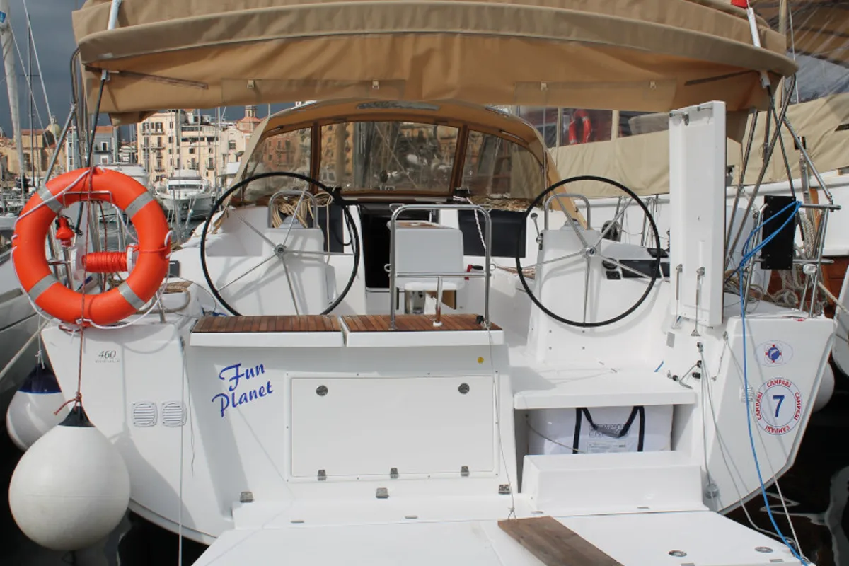 Cockpit of Fun Planet, a Dufour 460 Grand Large sailboat at Marsala, Italy