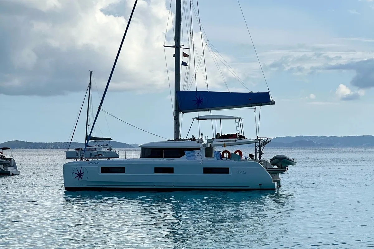 Exterior view of Kokomo , a Lagoon 46 catamaran at Road Town, British Virgin Islands