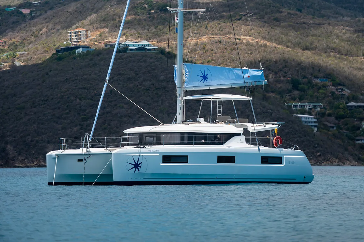 Exterior view of Kokomo , a Lagoon 46 catamaran at Road Town, British Virgin Islands