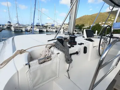 Cockpit of Kokomo , a Lagoon 46 catamaran at Road Town, British Virgin Islands