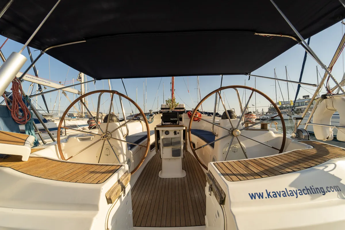 Cockpit of Danai (with Bowthruster ,Solar Panels, New Sails), a Bavaria 44 sailboat at Kavala, Greece