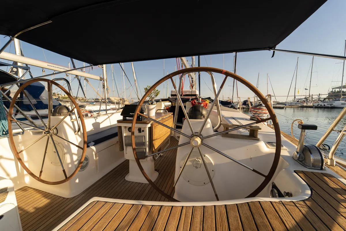 Cockpit of Danai (with Bowthruster ,Solar Panels, New Sails), a Bavaria 44 sailboat at Kavala, Greece