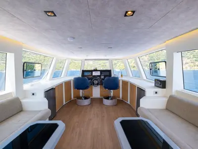 Cockpit of Özde 2, a Custom Made PLT 85 Trawler motor yacht at Fethiye, Turkey