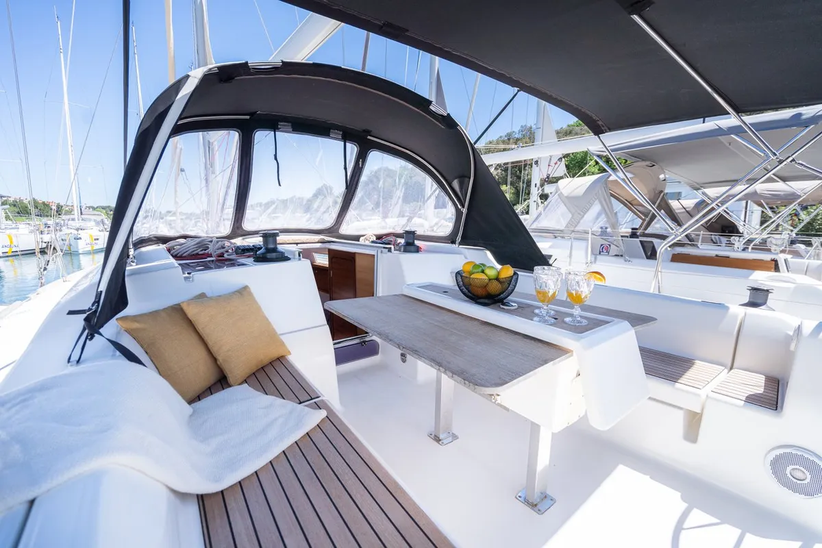 Cockpit of Cetus, a Dufour 382 GL sailboat at Pula, Croatia
