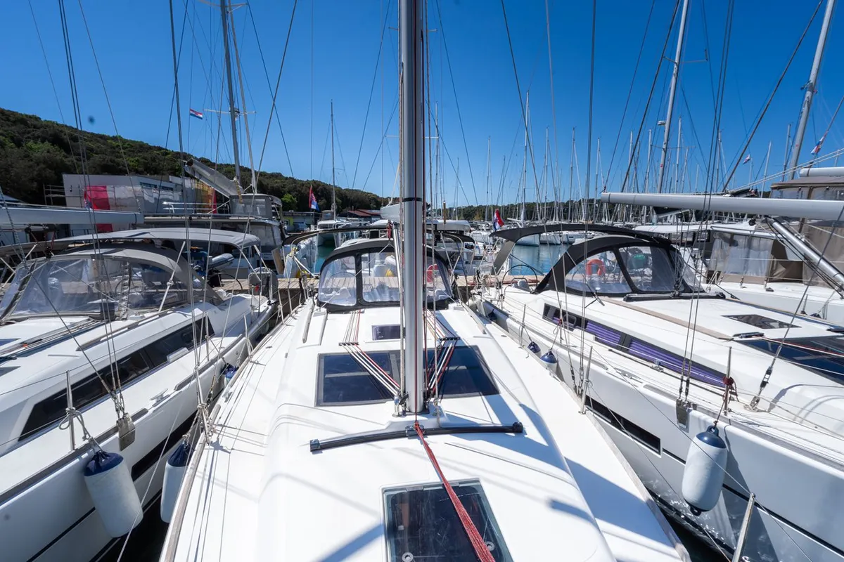 Deck of Cetus, a Dufour 382 GL sailboat at Pula, Croatia