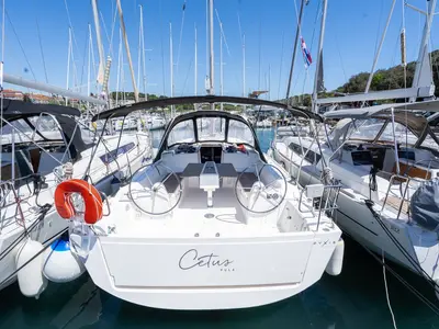 Cockpit of Cetus, a Dufour 382 GL sailboat at Pula, Croatia