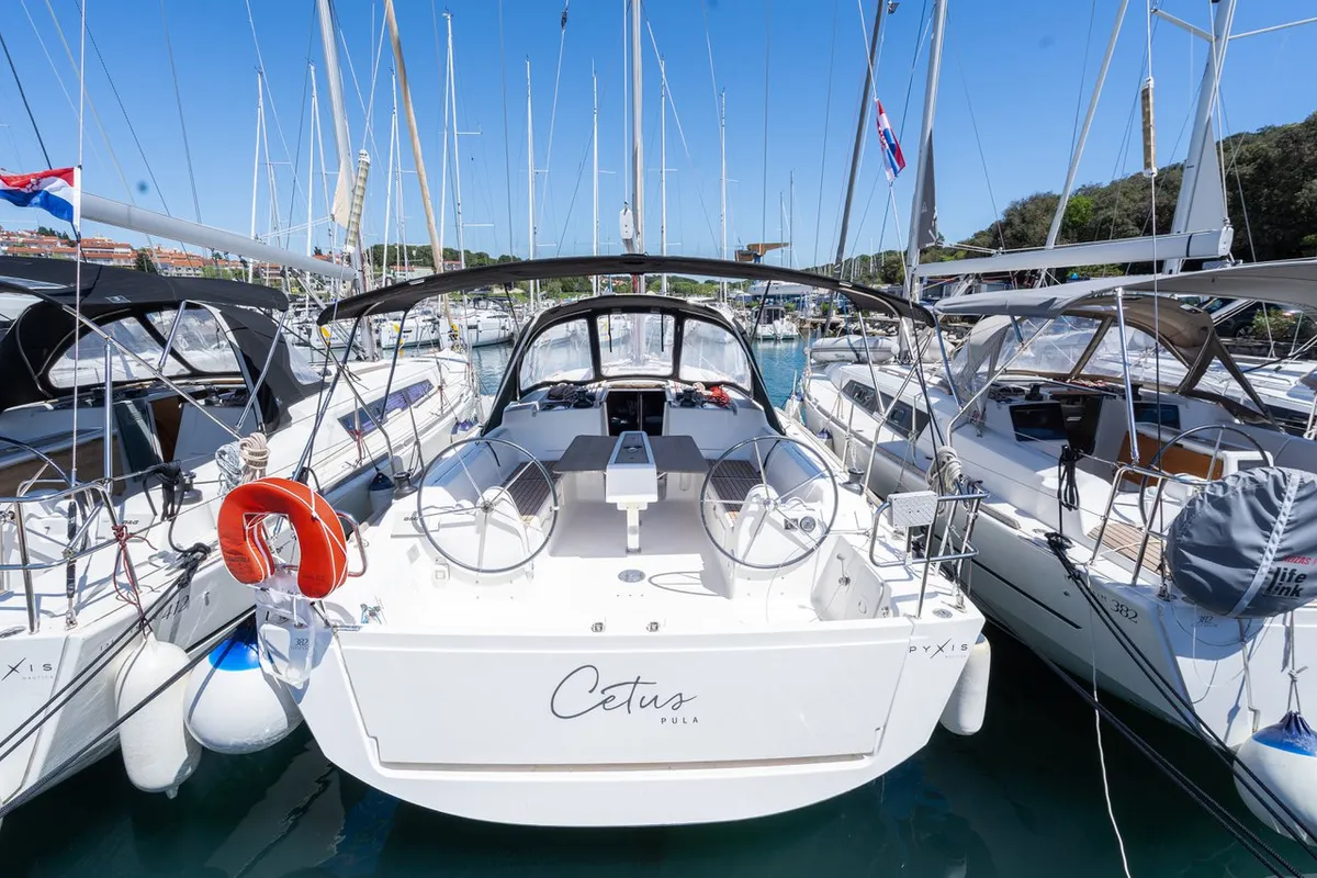Cockpit of Cetus, a Dufour 382 GL sailboat at Pula, Croatia