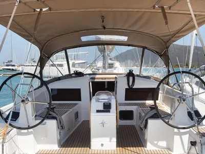 Cockpit of Asteri, a Jeanneau Sun Odyssey 440 sailboat at Municipal Unit of Lefkada, Greece