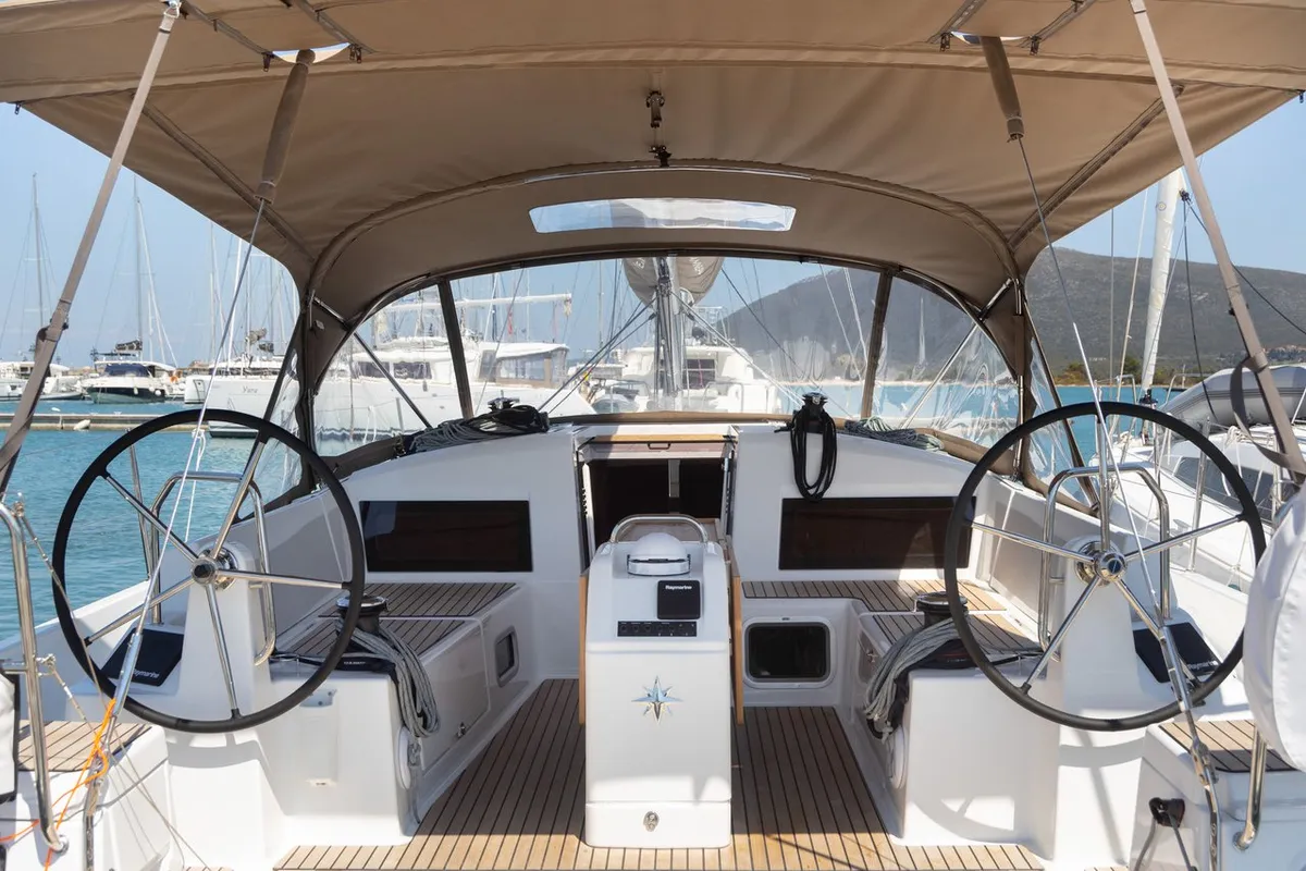 Cockpit of Asteri, a Jeanneau Sun Odyssey 440 sailboat at Municipal Unit of Lefkada, Greece