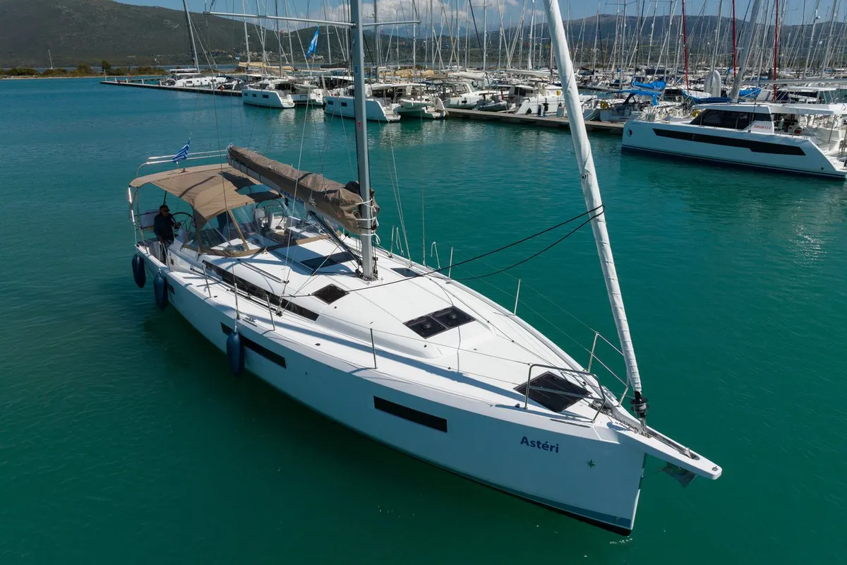 Exterior view of Asteri, a Jeanneau Sun Odyssey 440 sailboat at Municipal Unit of Lefkada, Greece