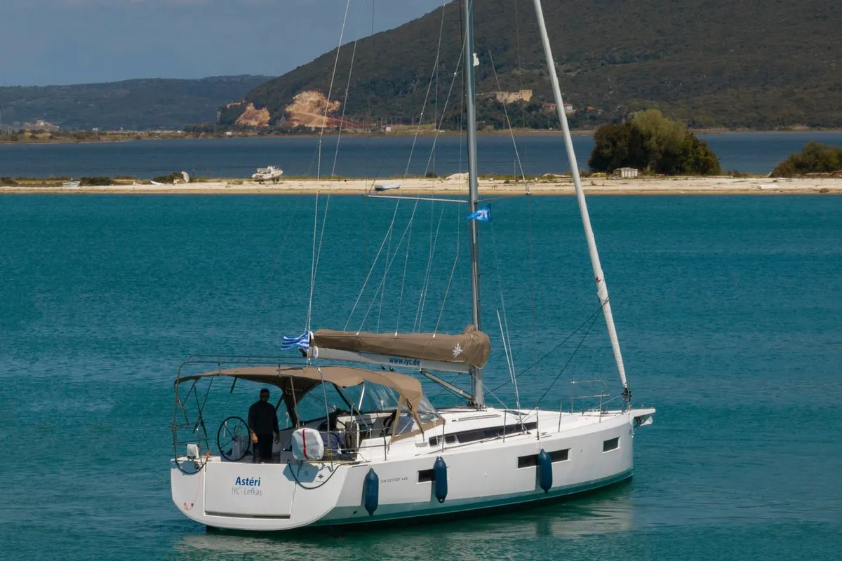 Exterior view of Asteri, a Jeanneau Sun Odyssey 440 sailboat at Municipal Unit of Lefkada, Greece
