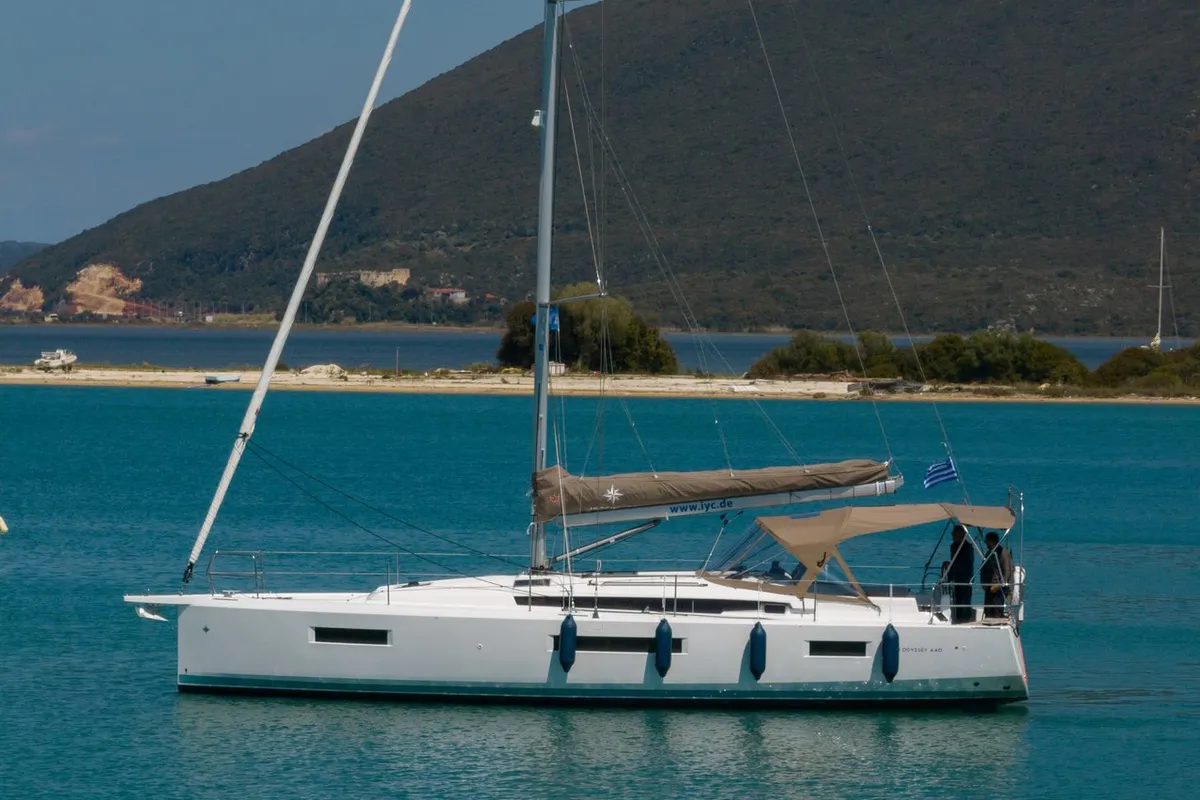 Exterior view of Asteri, a Jeanneau Sun Odyssey 440 sailboat at Municipal Unit of Lefkada, Greece