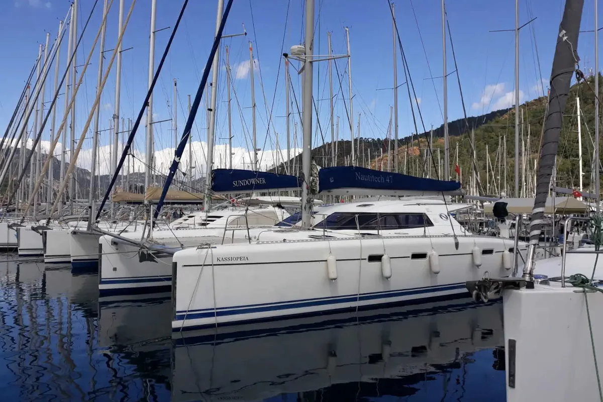 Exterior view of Kassiopeia, a Nautitech 47 catamaran at Marmaris, Turkey