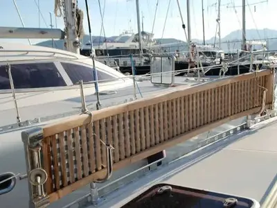 Deck of Kassiopeia, a Nautitech 47 catamaran at Marmaris, Turkey
