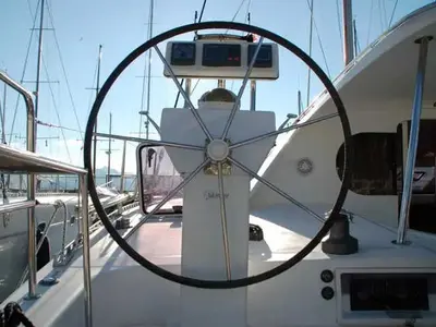 Cockpit of Kassiopeia, a Nautitech 47 catamaran at Marmaris, Turkey