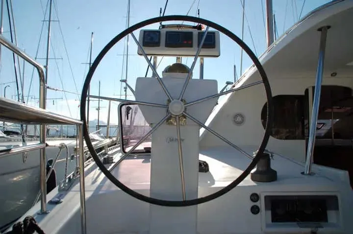 Cockpit of Kassiopeia, a Nautitech 47 catamaran at Marmaris, Turkey