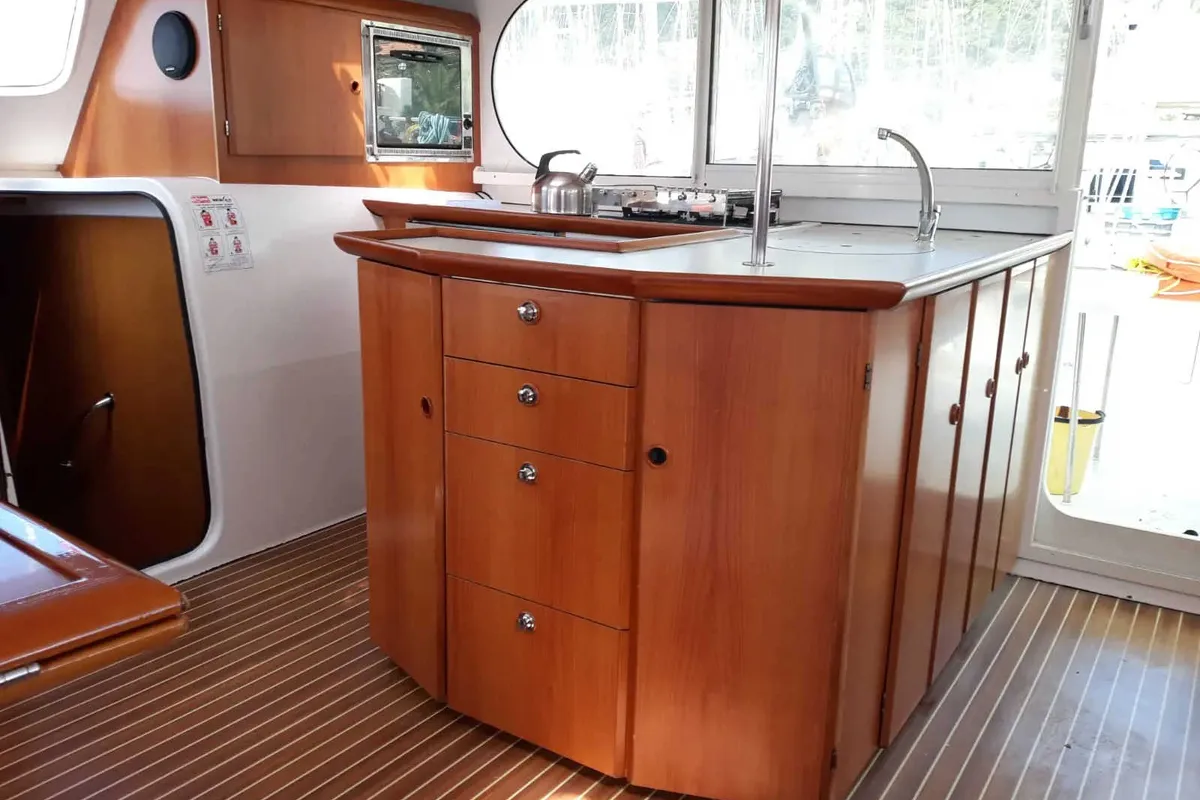 Galley of Kassiopeia, a Nautitech 47 catamaran at Marmaris, Turkey