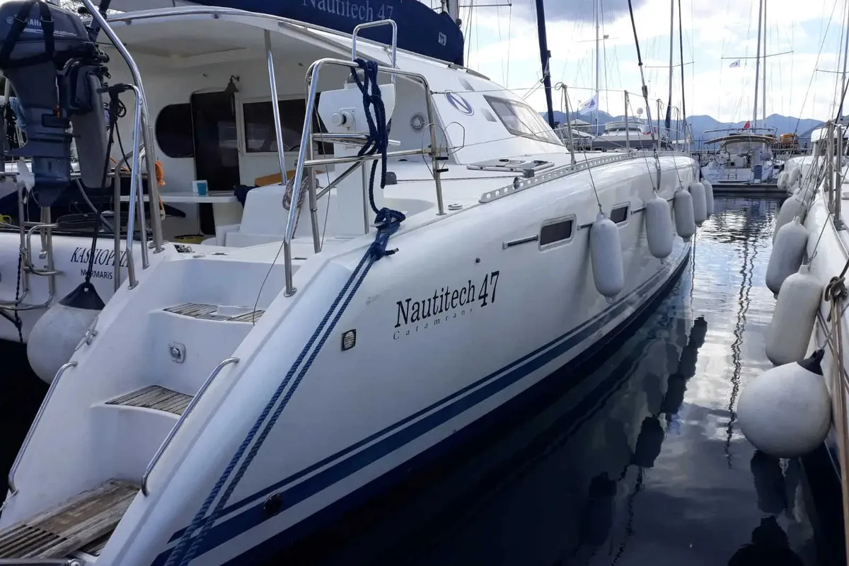 Exterior view of Kassiopeia, a Nautitech 47 catamaran at Marmaris, Turkey