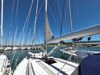Deck of Bella, a Bavaria C42 sailboat at Općina Sukošan, Croatia