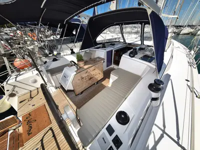 Cockpit of Bella, a Bavaria C42 sailboat at Općina Sukošan, Croatia