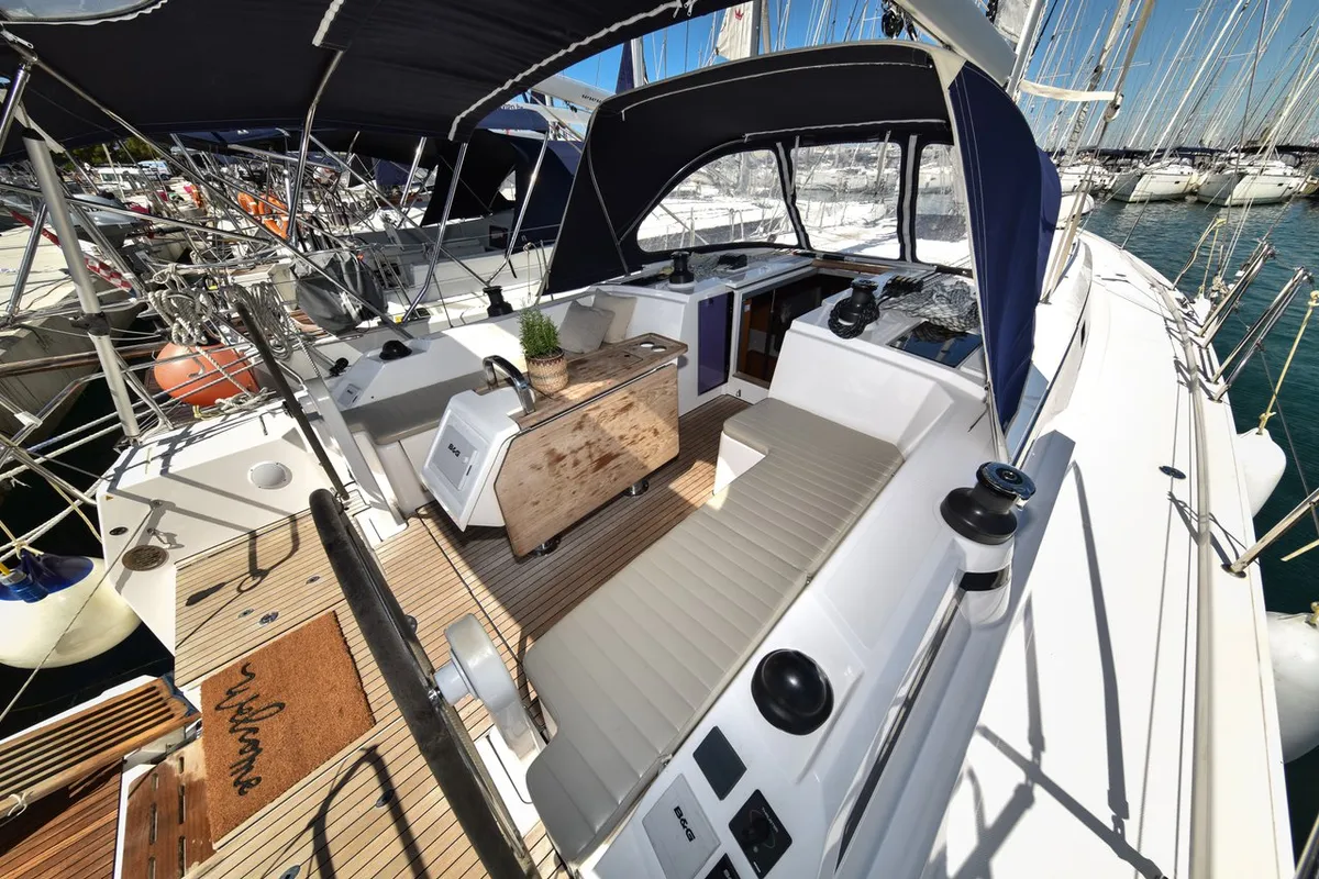 Cockpit of Bella, a Bavaria C42 sailboat at Općina Sukošan, Croatia