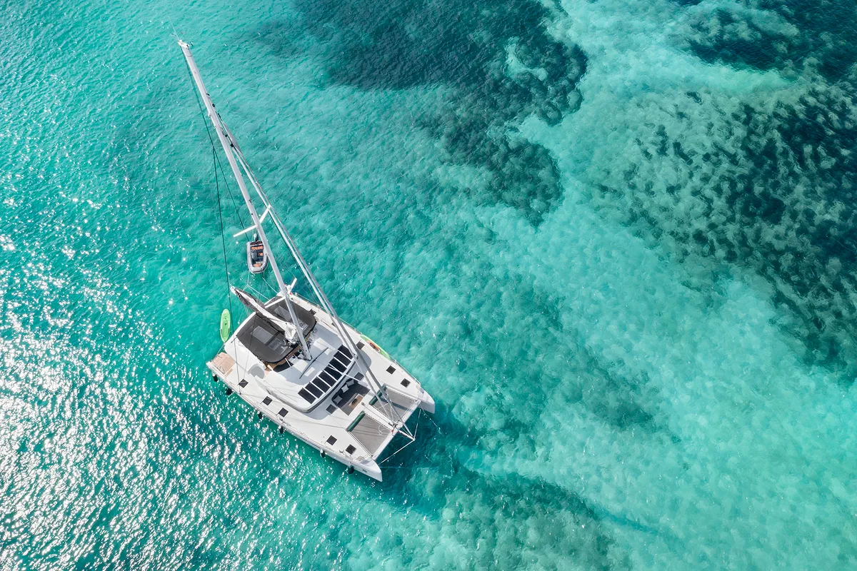 Exterior view of Emerald Gemini, a Lagoon 52 F OW catamaran at Grad Kaštela, Croatia
