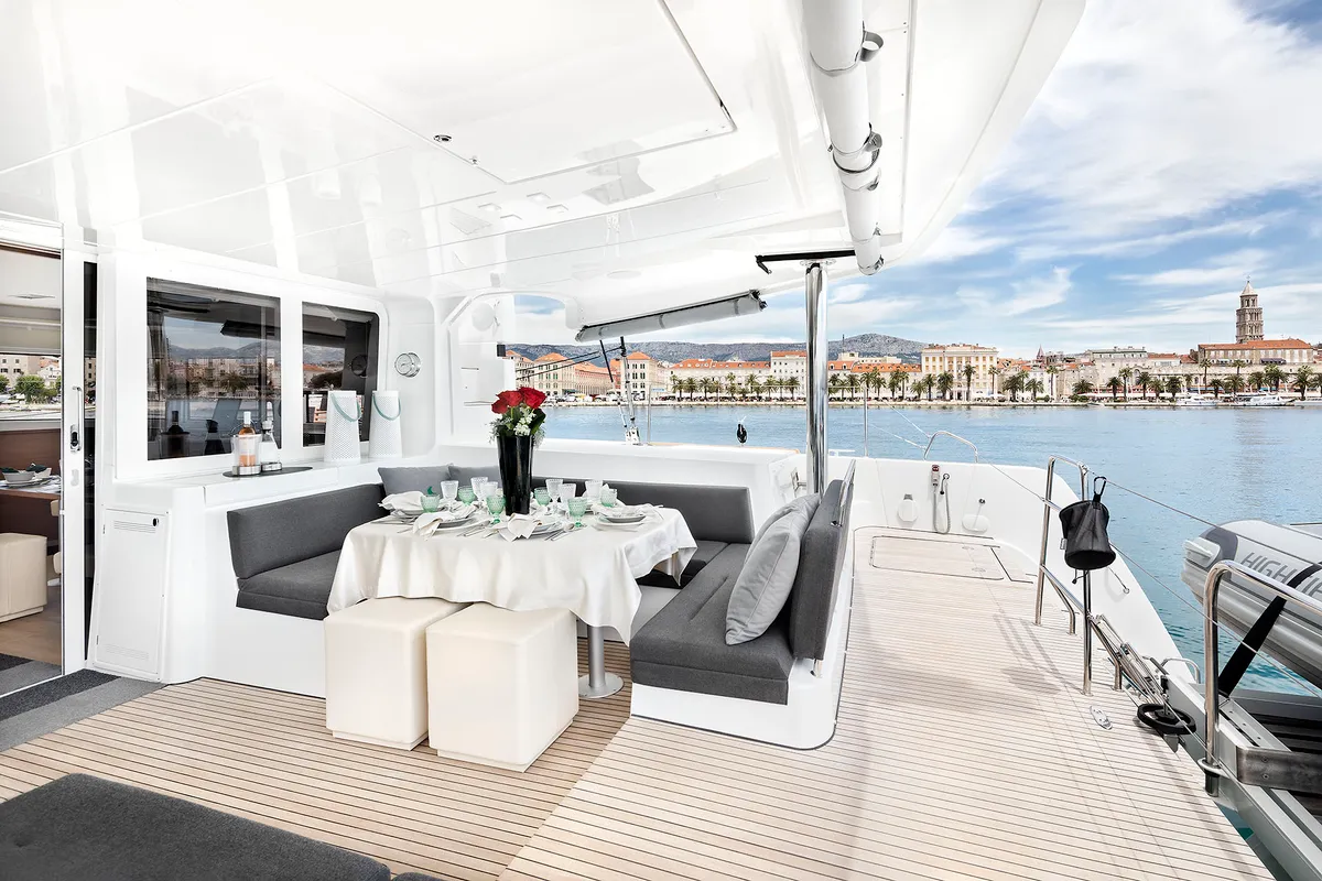 Deck of Emerald Gemini, a Lagoon 52 F OW catamaran at Grad Kaštela, Croatia