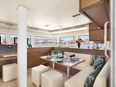 Salon of Emerald Gemini, a Lagoon 52 F OW catamaran at Grad Kaštela, Croatia