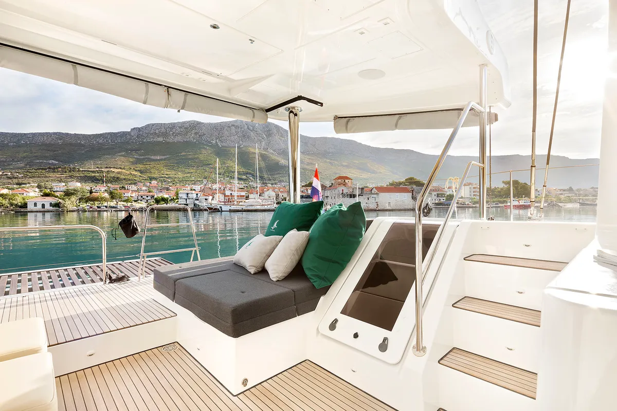 Deck of Emerald Gemini, a Lagoon 52 F OW catamaran at Grad Kaštela, Croatia
