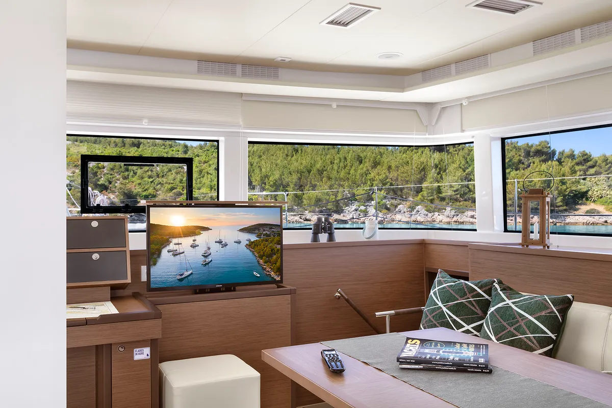 Salon of Emerald Gemini, a Lagoon 52 F OW catamaran at Grad Kaštela, Croatia
