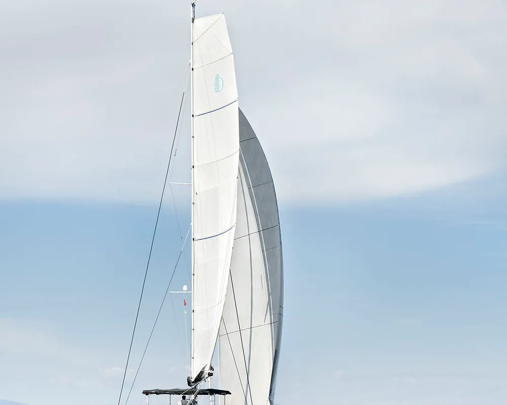 Exterior view of Emerald Gemini, a Lagoon 52 F OW catamaran at Grad Kaštela, Croatia